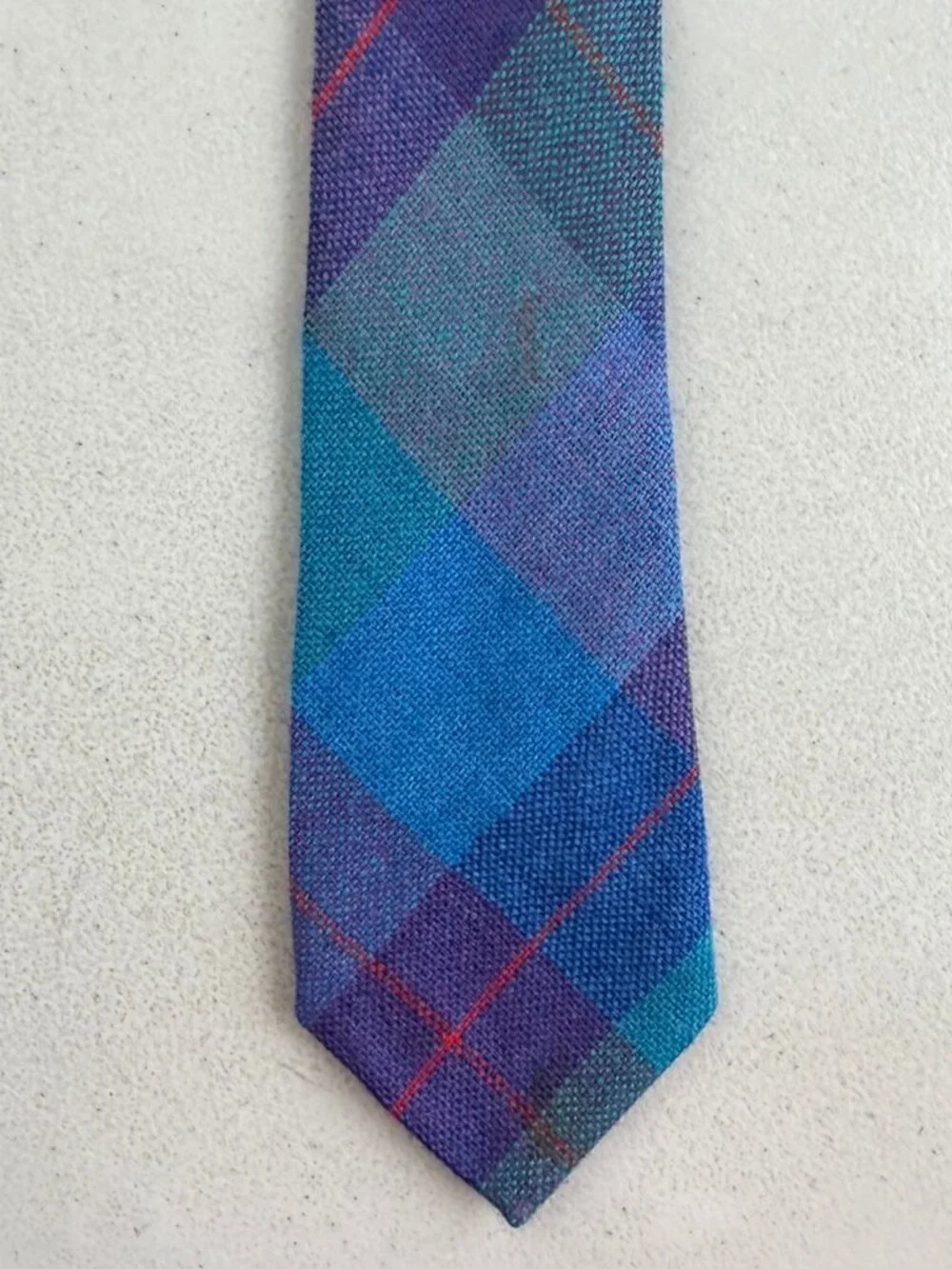 Vintage Argyle Plaid Tweed Wool Tie 1960s Made in Ireland Skinny Necktie Blue